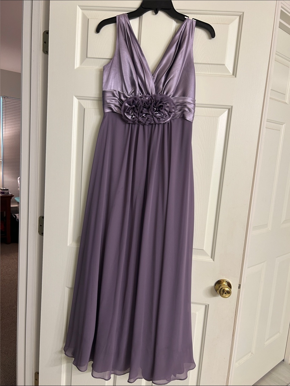 Bill Levkoff Lavender Empire Waist Maxi Dress with Rosette Detail